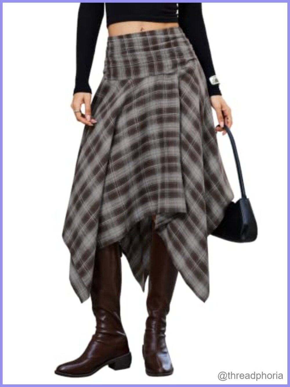 Women Asymmetrical Plaid Midi Skirt Y2K Handkerchief Hem Ruched Waist
